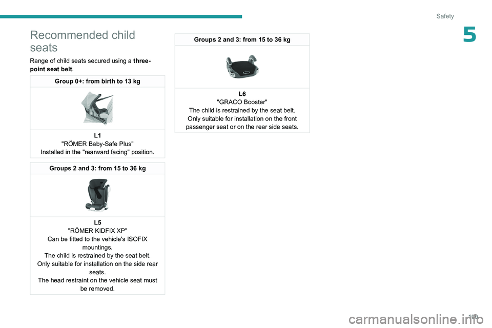 PEUGEOT PARTNER 2022 Owners Manual 109
Safety
5Recommended child
seats
Range of child seats secured using a three-
point seat belt .
Group 0+: from birth to 13 kg
L1
"RÖMER Baby-Safe Plus"
Installed in the "rearward fa PEUGEOT PARTNER 2022 Owners Manual 109
Safety
5Recommended child
seats
Range of child seats secured using a three-
point seat belt .
Group 0+: from birth to 13 kg
L1
"RÖMER Baby-Safe Plus"
Installed in the "rearward fa