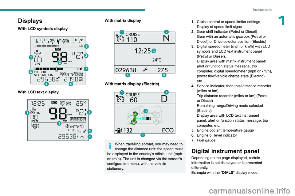 PEUGEOT PARTNER 2022 User Guide 11
Instruments
1Displays
With LCD symbols display
With LCD text display
With matrix display
With matrix display (Electric)
When travelling abroad, you may need to
change the distance uni PEUGEOT PARTNER 2022 User Guide 11
Instruments
1Displays
With LCD symbols display
With LCD text display
With matrix display
With matrix display (Electric)
When travelling abroad, you may need to
change the distance uni