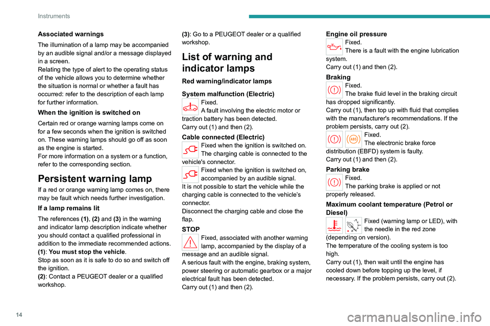 PEUGEOT PARTNER 2022 User Guide 14
Instruments
Associated warnings
The illumination of a lamp may be accompanied
by an audible signal and/or a message displayed
in a screen.
Relating the type of alert to the operating status
of t PEUGEOT PARTNER 2022 User Guide 14
Instruments
Associated warnings
The illumination of a lamp may be accompanied
by an audible signal and/or a message displayed
in a screen.
Relating the type of alert to the operating status
of t