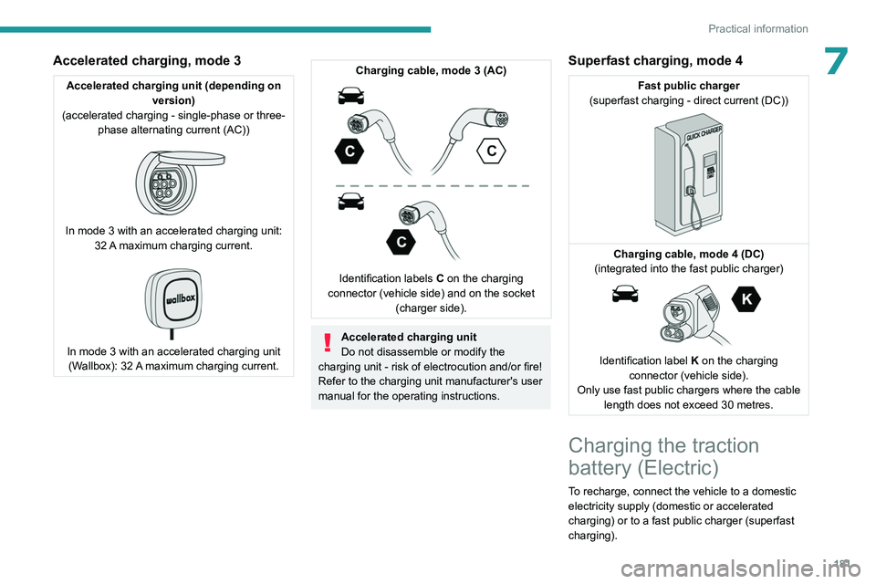 PEUGEOT PARTNER 2022  Owners Manual 181
Practical information
7Accelerated charging, mode 3
Accelerated charging unit (depending on version)
(accelerated charging - single-phase or three- phase alternating current (AC))
 
 
In mode 3 wi