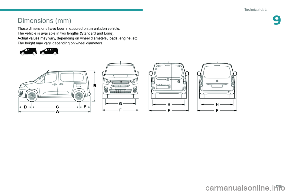PEUGEOT PARTNER 2022  Owners Manual 219
Technical data
9Dimensions (mm)
These dimensions have been measured on an unladen vehicle.The vehicle is available in two lengths (Standard   and   Long).
Actual values may vary, depending on whee