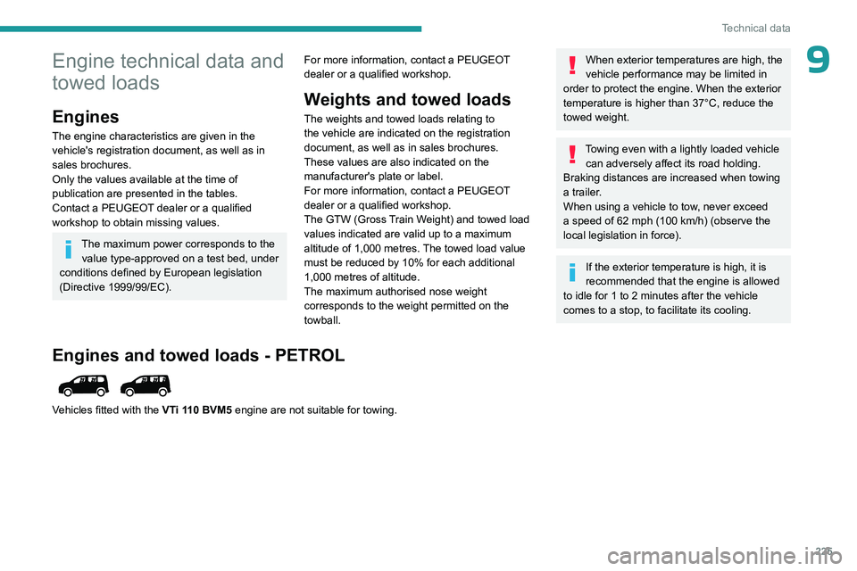 PEUGEOT PARTNER 2022 Owners Manual 225
Technical data
9Engine technical data and
towed loads
Engines
The engine characteristics are given in the
vehicle's registration document, as well as in
sales brochures.
Only the values ava PEUGEOT PARTNER 2022 Owners Manual 225
Technical data
9Engine technical data and
towed loads
Engines
The engine characteristics are given in the
vehicle's registration document, as well as in
sales brochures.
Only the values ava