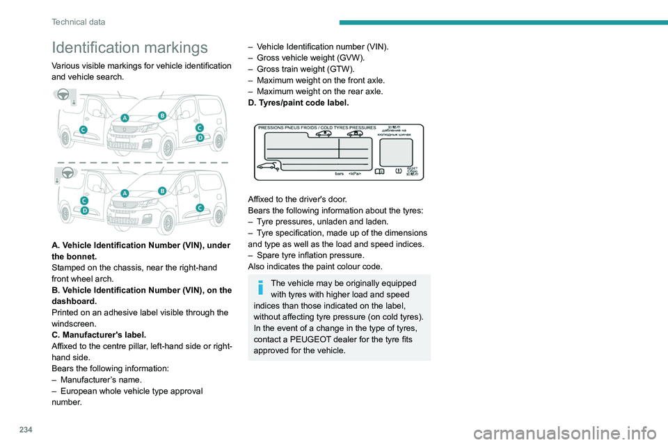 PEUGEOT PARTNER 2022  Owners Manual 234
Technical data
Identification markings
Various visible markings for vehicle identification 
and vehicle search.
 
 
A. Vehicle Identification Number (VIN), under 
the bonnet.
Stamped on the chassi