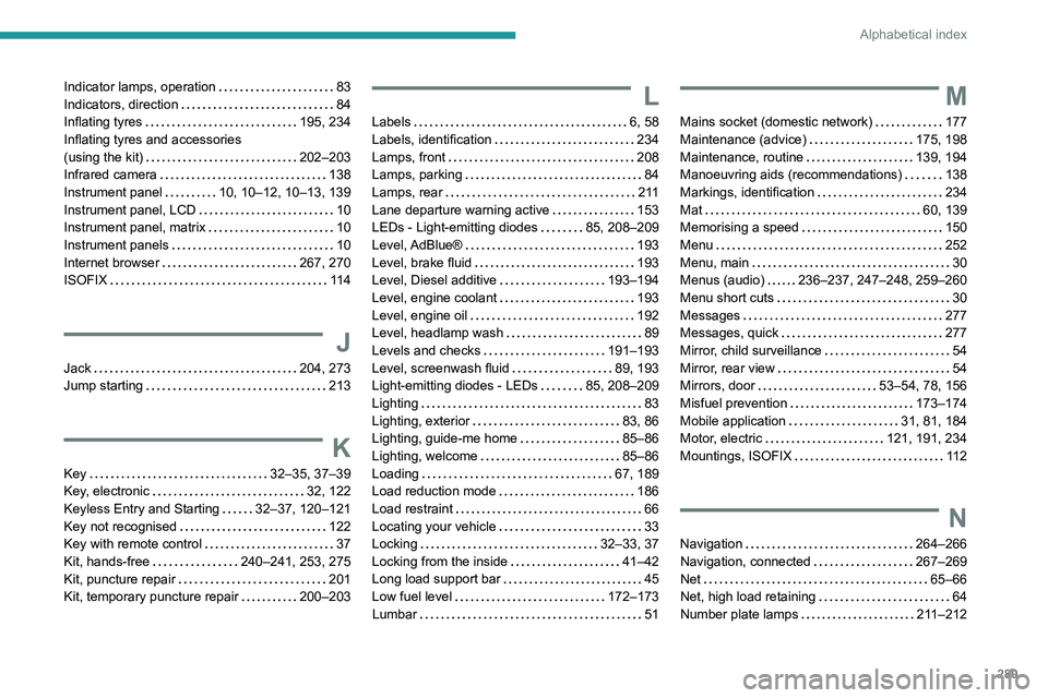 PEUGEOT PARTNER 2022  Owners Manual 289
Alphabetical index
Indicator lamps, operation     83
Indicators, direction     
84
Inflating tyres
    
195, 234
Inflating tyres and accessories   
(using the kit)
    
202–203
Infrared camera
 