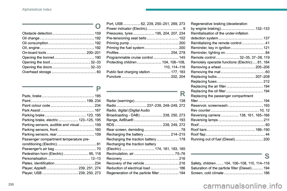 PEUGEOT PARTNER 2022  Owners Manual 290
Alphabetical index
O
Obstacle detection    159
Oil change     
192
Oil consumption
    
192
OIl, engine
    
192
On-board tools
    
200–201
Opening the bonnet
    
190
Opening the boot
    
32