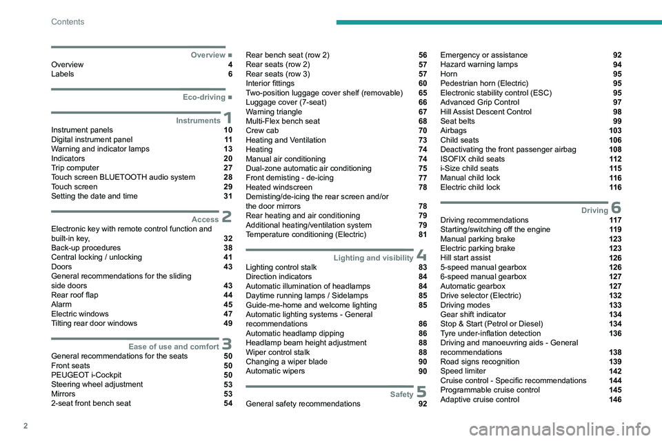 PEUGEOT PARTNER 2022  Owners Manual 2
Contents
  ■
OverviewOverview  4
Labels  6
  ■
Eco-driving
 1InstrumentsInstrument panels  10
Digital instrument panel  11
Warning and indicator lamps  13
Indicators  20
Trip computer  27
