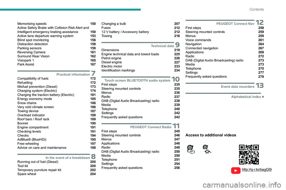 PEUGEOT PARTNER 2022  Owners Manual 3
Contents
  
  
 
 
 
 
Memorising speeds  150
Active Safety Brake with Collision Risk Alert and 
Intelligent emergency braking assistance 
 150
Active lane departure warning system  153
Blind spot m