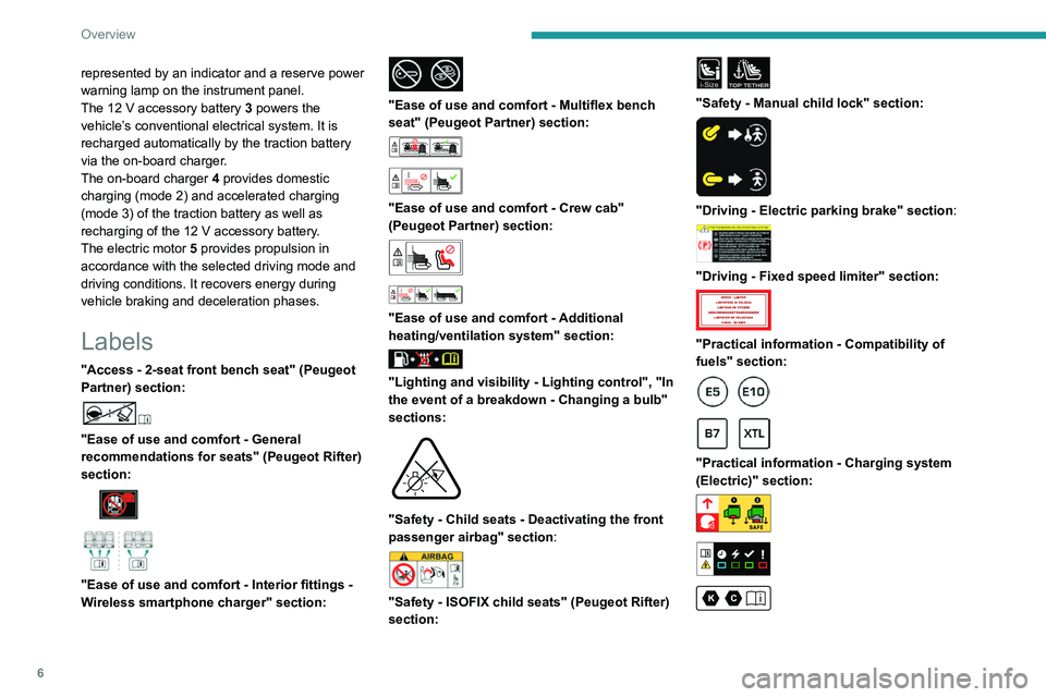 PEUGEOT PARTNER 2022  Owners Manual 6
Overview
represented by an indicator and a reserve power 
warning lamp on the instrument panel.
The 12  V accessory battery   3 powers the 
vehicle’s conventional electrical system. It is 
recharg