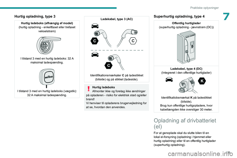PEUGEOT PARTNER 2022 Brugsanvisning (in Danish) 179
Praktiske oplysninger
7Hurtig opladning, type 3
Hurtig ladeboks (afhængig af model)
(hurtig opladning - enkeltfaset eller trefaset vekselstrøm)
I tilstand 3 med en hurtig ladeboks: 32 A mak PEUGEOT PARTNER 2022 Brugsanvisning (in Danish) 179
Praktiske oplysninger
7Hurtig opladning, type 3
Hurtig ladeboks (afhængig af model)
(hurtig opladning - enkeltfaset eller trefaset vekselstrøm)
I tilstand 3 med en hurtig ladeboks: 32 A mak
