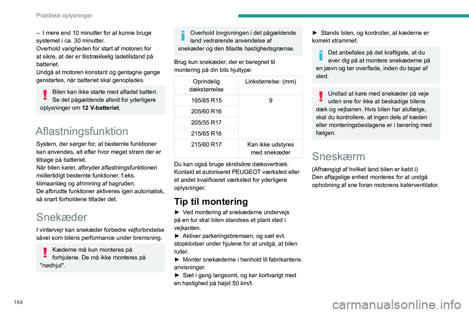 PEUGEOT PARTNER 2022 Brugsanvisning (in Danish) 184
Praktiske oplysninger
– I mere end 10 minutter for at kunne bruge
systemet i ca. 30 minutter .
Overhold varigheden for start af motoren for
at sikre, at der er tilstrækkelig ladetilstand på PEUGEOT PARTNER 2022 Brugsanvisning (in Danish) 184
Praktiske oplysninger
– I mere end 10 minutter for at kunne bruge
systemet i ca. 30 minutter .
Overhold varigheden for start af motoren for
at sikre, at der er tilstrækkelig ladetilstand på