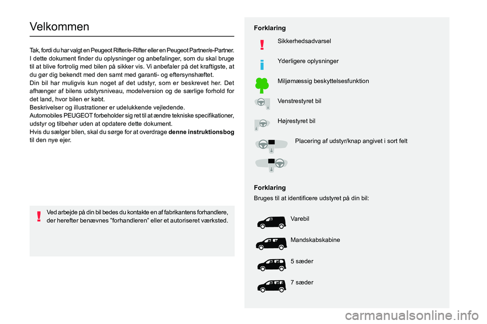 PEUGEOT PARTNER 2022 Brugsanvisning (in Danish)
Velkommen
Tak, fordi du har valgt en Peugeot Rifter/e-Rifter eller en Peugeot Partner/e-Partner.
002C
0057
004700580003
0027004C00510003
00440049
PEUGEOT PARTNER 2022 Brugsanvisning (in Danish)
Velkommen
Tak, fordi du har valgt en Peugeot Rifter/e-Rifter eller en Peugeot Partner/e-Partner.
002C
0057
004700580003
0027004C00510003
00440049