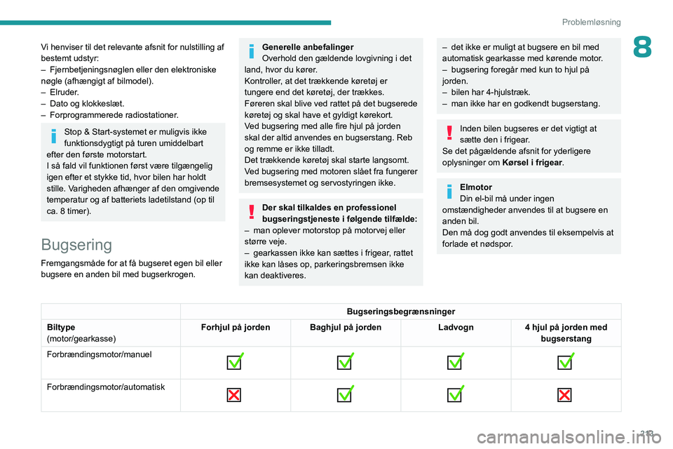 PEUGEOT PARTNER 2022 Brugsanvisning (in Danish) 213
Problemløsning
8Vi henviser til det relevante afsnit for nulstilling af
bestemt udstyr:
–
Fjernbetjeningsnøglen eller den elektroniske
nøgle (afhængigt af bilmodel).
–
Elruder.
–
PEUGEOT PARTNER 2022 Brugsanvisning (in Danish) 213
Problemløsning
8Vi henviser til det relevante afsnit for nulstilling af
bestemt udstyr:
–
Fjernbetjeningsnøglen eller den elektroniske
nøgle (afhængigt af bilmodel).
–
Elruder.
–