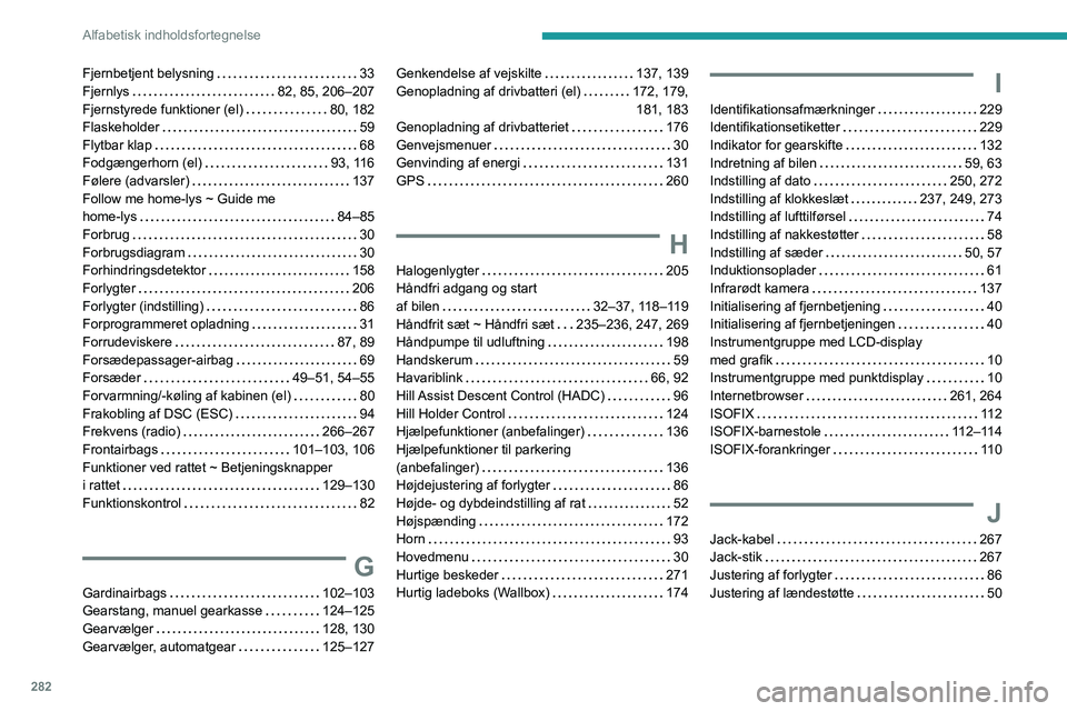 PEUGEOT PARTNER 2022 Brugsanvisning (in Danish) 282
Alfabetisk indholdsfortegnelse
Fjernbetjent belysning 33
Fjernlys
82, 85, 206–207
Fjernstyrede funktioner (el)
80, 182
Flaskeholder
59
Flytbar klap
68
Fodgængerhorn (el) PEUGEOT PARTNER 2022 Brugsanvisning (in Danish) 282
Alfabetisk indholdsfortegnelse
Fjernbetjent belysning 33
Fjernlys
82, 85, 206–207
Fjernstyrede funktioner (el)
80, 182
Flaskeholder
59
Flytbar klap
68
Fodgængerhorn (el)