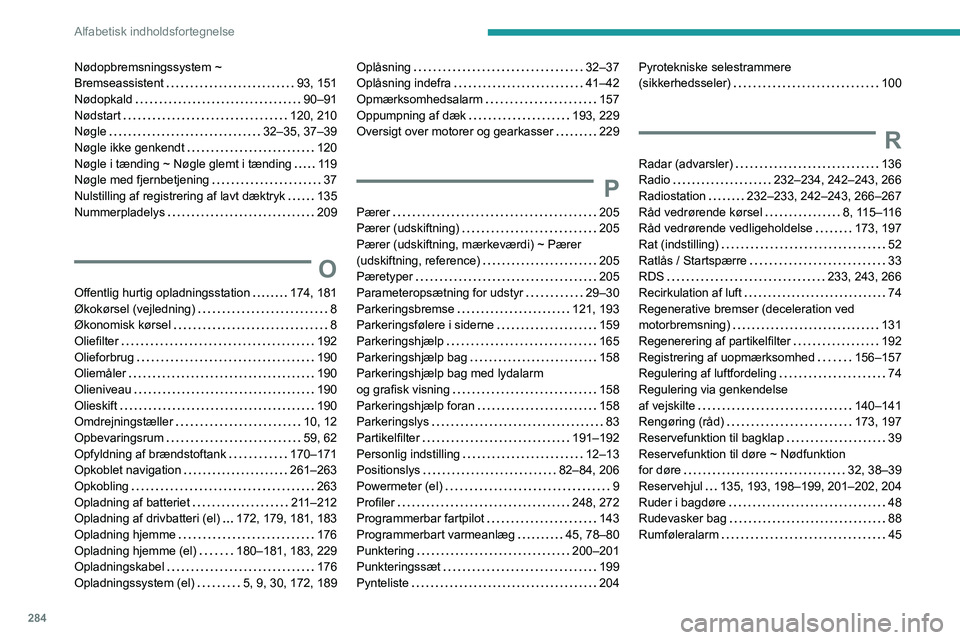 PEUGEOT PARTNER 2022 Brugsanvisning (in Danish) 284
Alfabetisk indholdsfortegnelse
Nødopbremsningssystem ~
Bremseassistent
93, 151
Nødopkald
90–91
Nødstart
120, 210
Nøgle
32–35, 37–39
Nøgle ikke genkendt
120
Nø PEUGEOT PARTNER 2022 Brugsanvisning (in Danish) 284
Alfabetisk indholdsfortegnelse
Nødopbremsningssystem ~
Bremseassistent
93, 151
Nødopkald
90–91
Nødstart
120, 210
Nøgle
32–35, 37–39
Nøgle ikke genkendt
120
Nø