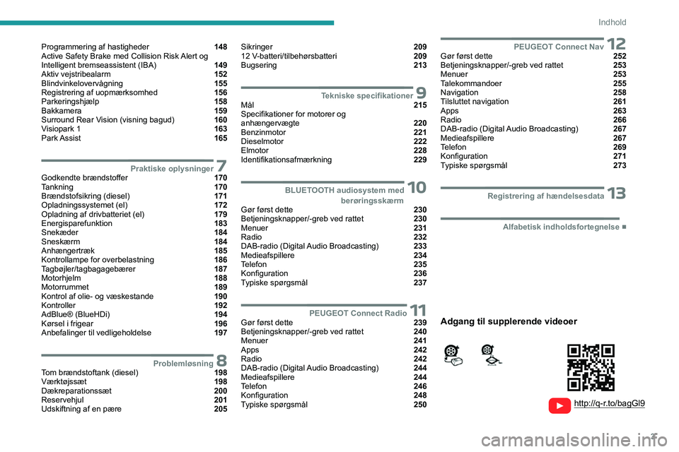 PEUGEOT PARTNER 2022 Brugsanvisning (in Danish) 3
Indhold
Programmering af hastigheder 148
Active Safety Brake med Collision Risk Alert og
Intelligent bremseassistent (IBA)
149
Aktiv vejstribealarm 152
Blindvinkelovervågning 15 PEUGEOT PARTNER 2022 Brugsanvisning (in Danish) 3
Indhold
Programmering af hastigheder 148
Active Safety Brake med Collision Risk Alert og
Intelligent bremseassistent (IBA)
149
Aktiv vejstribealarm 152
Blindvinkelovervågning 15