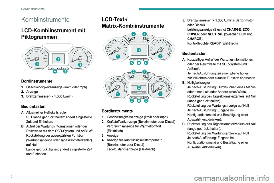 PEUGEOT PARTNER 2022 Betriebsanleitungen (in German) 10
Bordinstrumente
Kombiinstrumente
LCD-Kombiinstrument mit
Piktogrammen
Bordinstrumente
1.Geschwindigkeitsanzeige (km/h oder mph)
2. Anzeige
3. Drehzahlmesser (x 1.000 U/min)
Bedientasten
A.Allg PEUGEOT PARTNER 2022 Betriebsanleitungen (in German) 10
Bordinstrumente
Kombiinstrumente
LCD-Kombiinstrument mit
Piktogrammen
Bordinstrumente
1.Geschwindigkeitsanzeige (km/h oder mph)
2. Anzeige
3. Drehzahlmesser (x 1.000 U/min)
Bedientasten
A.Allg