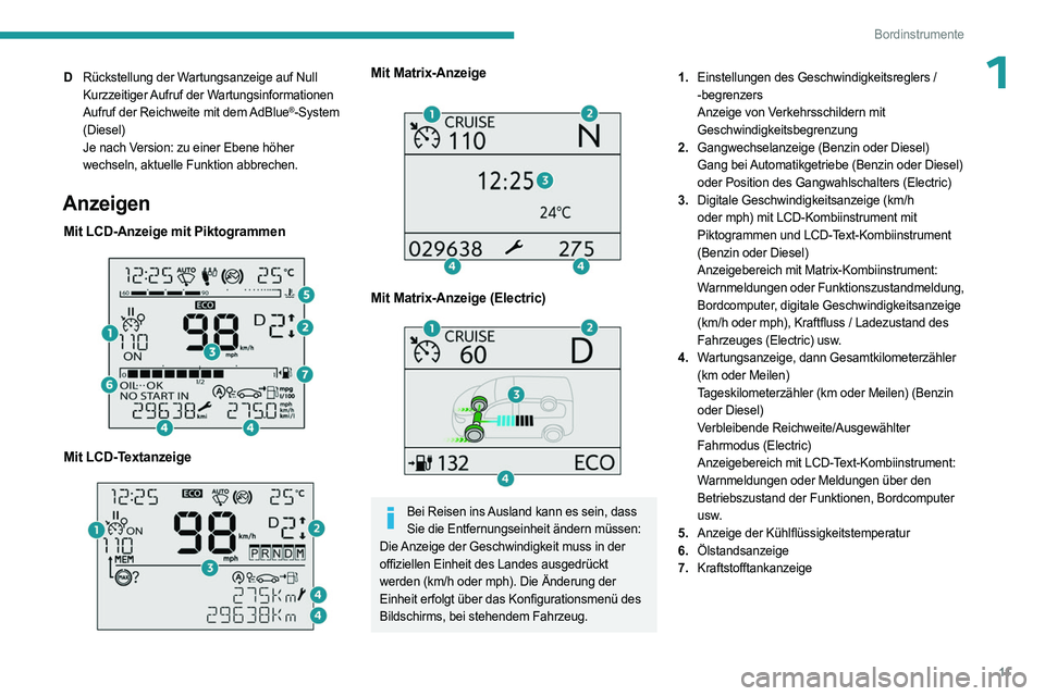 PEUGEOT PARTNER 2022 Betriebsanleitungen (in German) 11
Bordinstrumente
1DRückstellung der Wartungsanzeige auf Null
Kurzzeitiger Aufruf der Wartungsinformationen
Aufruf der Reichweite mit dem AdBlue
®-System
(Diesel)
Je nach Version: zu einer Ebene h PEUGEOT PARTNER 2022 Betriebsanleitungen (in German) 11
Bordinstrumente
1DRückstellung der Wartungsanzeige auf Null
Kurzzeitiger Aufruf der Wartungsinformationen
Aufruf der Reichweite mit dem AdBlue
®-System
(Diesel)
Je nach Version: zu einer Ebene h