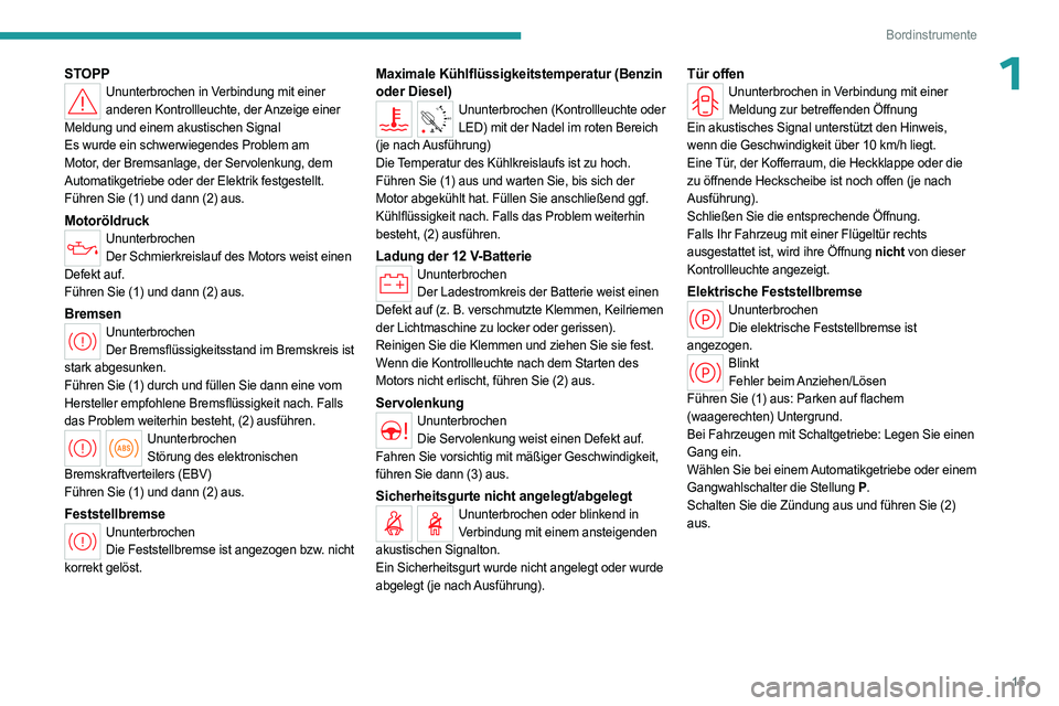 PEUGEOT PARTNER 2022 Betriebsanleitungen (in German) 15
Bordinstrumente
1STOPPUnunterbrochen in Verbindung mit einer anderen Kontrollleuchte, der Anzeige einer
Meldung und einem akustischen Signal
Es wurde ein schwerwiegendes Problem am
Motor, der Bre PEUGEOT PARTNER 2022 Betriebsanleitungen (in German) 15
Bordinstrumente
1STOPPUnunterbrochen in Verbindung mit einer anderen Kontrollleuchte, der Anzeige einer
Meldung und einem akustischen Signal
Es wurde ein schwerwiegendes Problem am
Motor, der Bre