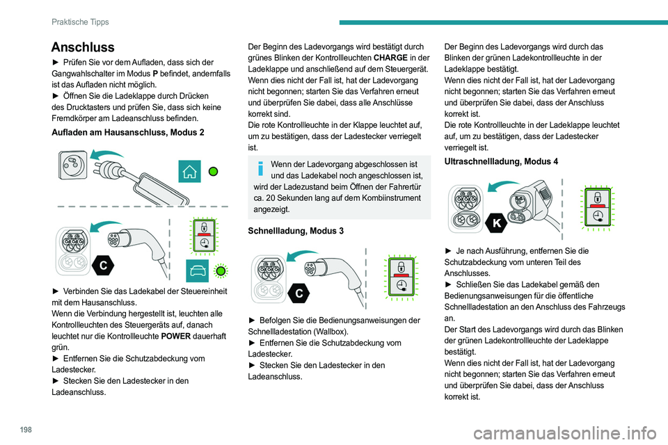 PEUGEOT PARTNER 2022 Betriebsanleitungen (in German) 198
Praktische Tipps
Anschluss
► Prüfen Sie vor dem Aufladen, dass sich der
Gangwahlschalter im Modus P befindet, andernfalls
ist das Aufladen nicht möglich.
►
Öffnen Sie die Ladeklappe du PEUGEOT PARTNER 2022 Betriebsanleitungen (in German) 198
Praktische Tipps
Anschluss
► Prüfen Sie vor dem Aufladen, dass sich der
Gangwahlschalter im Modus P befindet, andernfalls
ist das Aufladen nicht möglich.
►
Öffnen Sie die Ladeklappe du