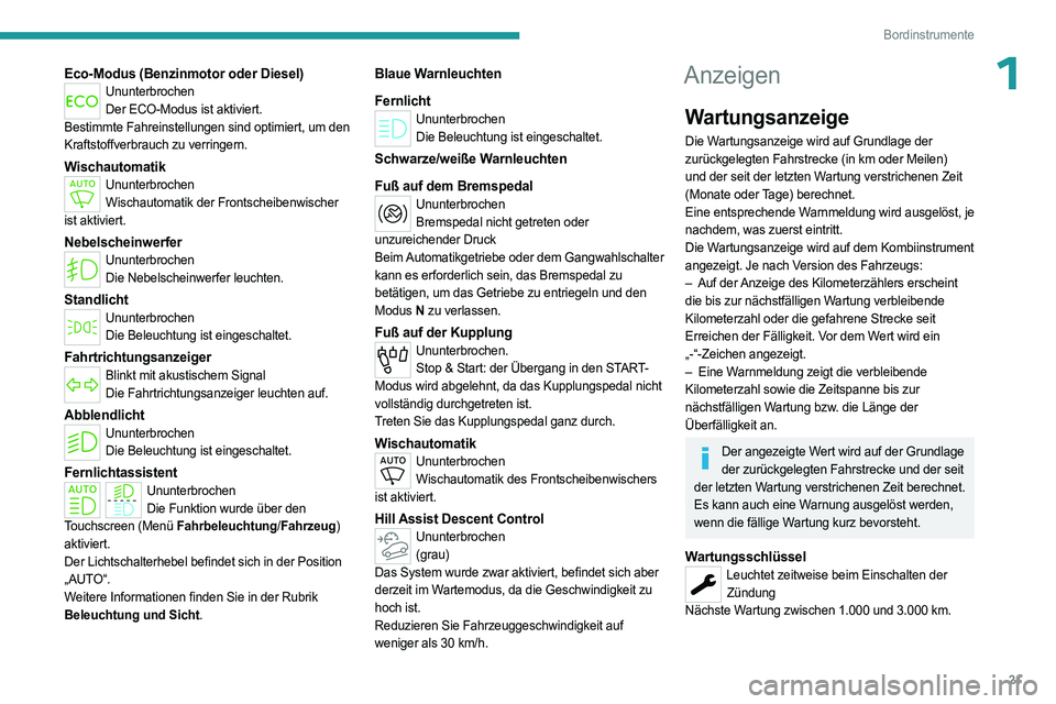 PEUGEOT PARTNER 2022 Betriebsanleitungen (in German) 21
Bordinstrumente
1Eco-Modus (Benzinmotor oder Diesel)UnunterbrochenDer ECO-Modus ist aktiviert.
Bestimmte Fahreinstellungen sind optimiert, um den
Kraftstoffverbrauch zu verringern.
WischautomatikU PEUGEOT PARTNER 2022 Betriebsanleitungen (in German) 21
Bordinstrumente
1Eco-Modus (Benzinmotor oder Diesel)UnunterbrochenDer ECO-Modus ist aktiviert.
Bestimmte Fahreinstellungen sind optimiert, um den
Kraftstoffverbrauch zu verringern.
WischautomatikU