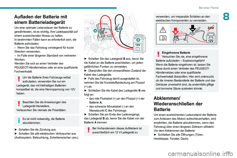 PEUGEOT PARTNER 2022 Betriebsanleitungen (in German) 231
Bei einer Panne
8Aufladen der Batterie mit einem Batterieladegerät
Um eine optimale Lebensdauer der Batterie zu
gewährleisten, ist es wichtig, ihre Ladekapazität auf
einem ausreichenden Nivea PEUGEOT PARTNER 2022 Betriebsanleitungen (in German) 231
Bei einer Panne
8Aufladen der Batterie mit einem Batterieladegerät
Um eine optimale Lebensdauer der Batterie zu
gewährleisten, ist es wichtig, ihre Ladekapazität auf
einem ausreichenden Nivea