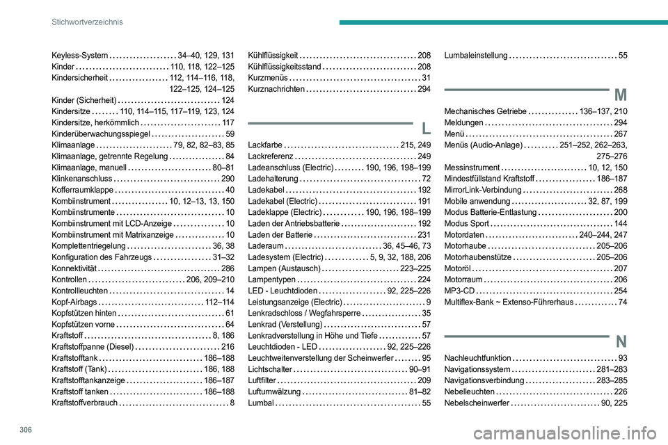 PEUGEOT PARTNER 2022 Betriebsanleitungen (in German) 306
Stichwortverzeichnis
Keyless-System 34–40, 129, 131
Kinder
110, 118, 122–125
Kindersicherheit
112, 114–116, 118,
122–125, 124–125
Kinder (Sicherheit)
124
Kindersitze PEUGEOT PARTNER 2022 Betriebsanleitungen (in German) 306
Stichwortverzeichnis
Keyless-System 34–40, 129, 131
Kinder
110, 118, 122–125
Kindersicherheit
112, 114–116, 118,
122–125, 124–125
Kinder (Sicherheit)
124
Kindersitze