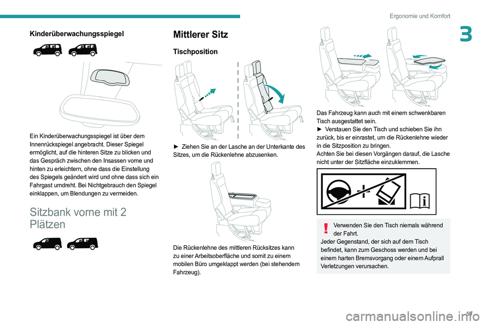 PEUGEOT PARTNER 2022  Betriebsanleitungen (in German) 59
Ergonomie und Komfort
3Kinderüberwachungsspiegel 
 
 
 
Ein Kinderüberwachungsspiegel ist über dem 
Innenrückspiegel angebracht. Dieser Spiegel 
ermöglicht, auf die hinteren Sitze zu blicken u