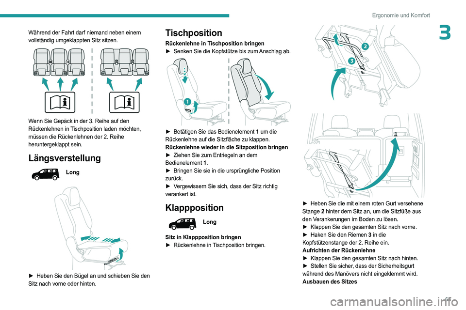 PEUGEOT PARTNER 2022  Betriebsanleitungen (in German) 63
Ergonomie und Komfort
3Während der Fahrt darf niemand neben einem 
vollständig umgeklappten Sitz sitzen.
 
 
Wenn Sie Gepäck in der 3. Reihe auf den 
Rückenlehnen in Tischposition laden möchte