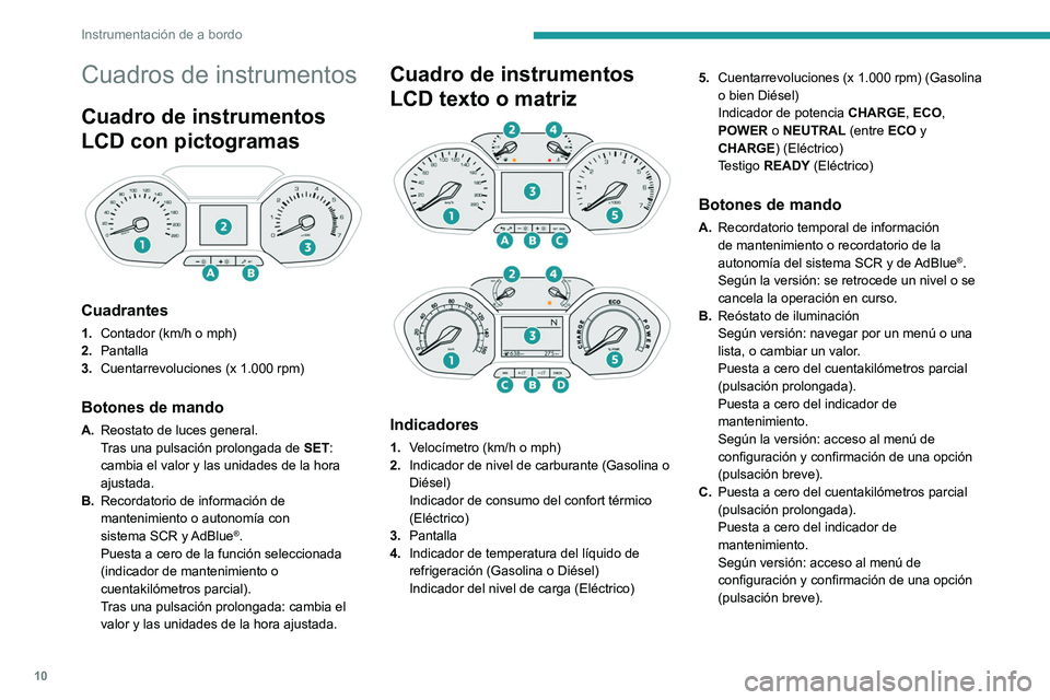 PEUGEOT PARTNER 2022 Manual del propietario (in Spanish) 10
Instrumentación de a bordo
Cuadros de instrumentos
Cuadro de instrumentos
LCD con pictogramas
Cuadrantes
1.Contador (km/h o mph)
2. Pantalla
3. Cuentarrevoluciones (x 1.000 rpm)
Botones de ma PEUGEOT PARTNER 2022 Manual del propietario (in Spanish) 10
Instrumentación de a bordo
Cuadros de instrumentos
Cuadro de instrumentos
LCD con pictogramas
Cuadrantes
1.Contador (km/h o mph)
2. Pantalla
3. Cuentarrevoluciones (x 1.000 rpm)
Botones de ma
