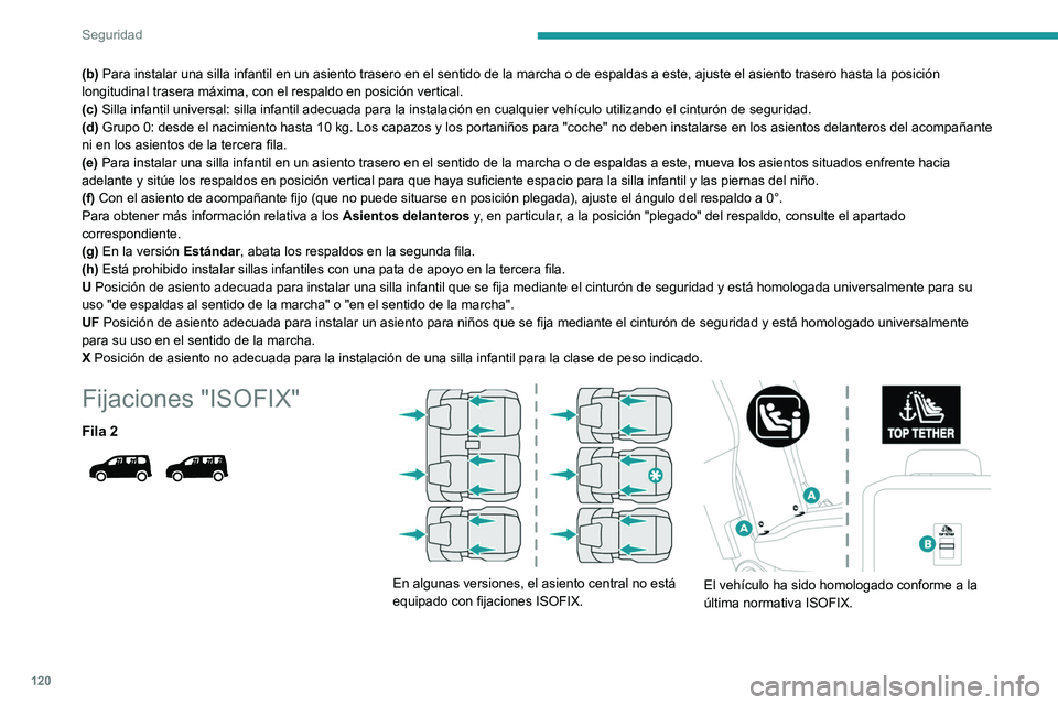 PEUGEOT PARTNER 2022 Manual del propietario (in Spanish) 120
Seguridad
(b) Para instalar una silla infantil en un asiento trasero en el sentido de\
la marcha o de espaldas a este, ajuste el asiento trasero hasta la posi\
ción
longitudinal trasera máxima PEUGEOT PARTNER 2022 Manual del propietario (in Spanish) 120
Seguridad
(b) Para instalar una silla infantil en un asiento trasero en el sentido de\
la marcha o de espaldas a este, ajuste el asiento trasero hasta la posi\
ción
longitudinal trasera máxima