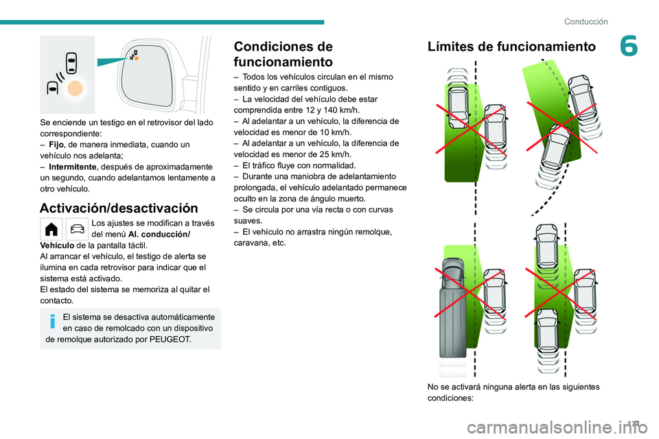 PEUGEOT PARTNER 2022 Manual del propietario (in Spanish) 171
Conducción
6
Se enciende un testigo en el retrovisor del lado
correspondiente:
–
Fijo , de manera inmediata, cuando un
vehículo nos adelanta;
–
Intermitente
, después de aproximada PEUGEOT PARTNER 2022 Manual del propietario (in Spanish) 171
Conducción
6
Se enciende un testigo en el retrovisor del lado
correspondiente:
–
Fijo , de manera inmediata, cuando un
vehículo nos adelanta;
–
Intermitente
, después de aproximada