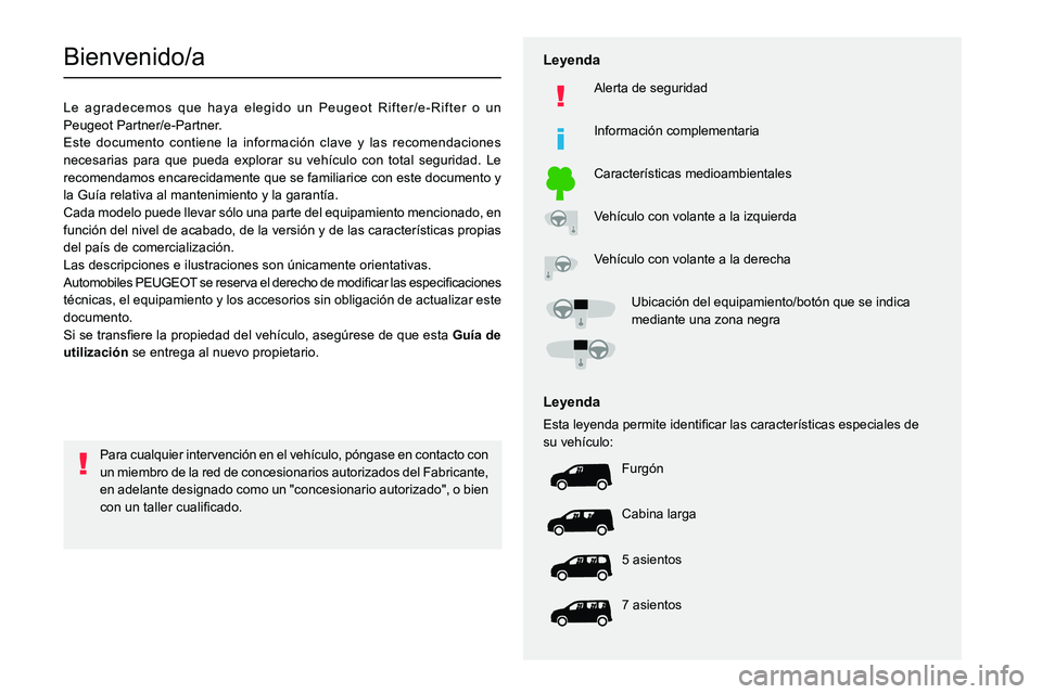 PEUGEOT PARTNER 2022  Manual del propietario (in Spanish)   
 
 
 
 
 
  
  
  
  
   
   
 
  
 
  
 
  
 
   
Bienvenido/a
Le agradecemos que haya elegido un Peugeot Rifter/e-Rifter o un 
Peugeot P artner/e-Partner.
Este documento contiene la información 