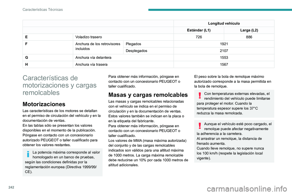 PEUGEOT PARTNER 2022 Manual del propietario (in Spanish) 242
Características Técnicas
Longitud vehículo
Estándar (L1) Larga (L2)
E Voladizo trasero 726886
F Anchura de los retrovisores
incluidosPlegados
1921
Desplegados 2107
G Anchura vía delantera 15 PEUGEOT PARTNER 2022 Manual del propietario (in Spanish) 242
Características Técnicas
Longitud vehículo
Estándar (L1) Larga (L2)
E Voladizo trasero 726886
F Anchura de los retrovisores
incluidosPlegados
1921
Desplegados 2107
G Anchura vía delantera 15
