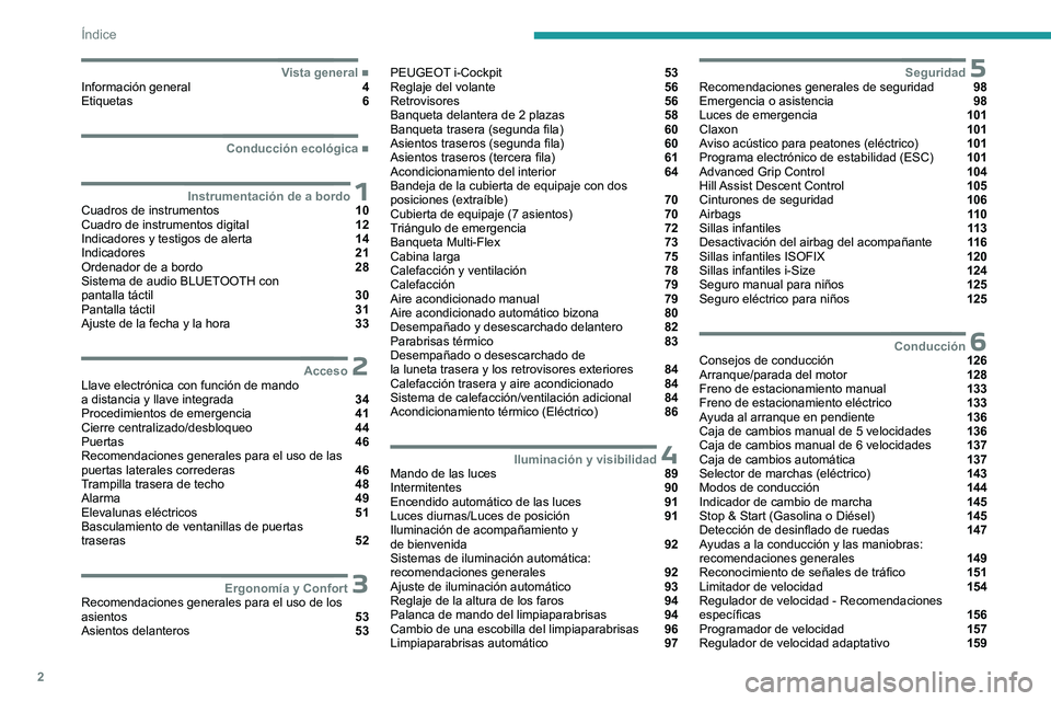 PEUGEOT PARTNER 2022  Manual del propietario (in Spanish) 2
Índice
  ■
Vista generalInformación general  4
Etiquetas  6
  ■
Conducción ecológica
 1Instrumentación de a bordoCuadros de instrumentos  10
Cuadro de instrumentos digital  12
Indicad