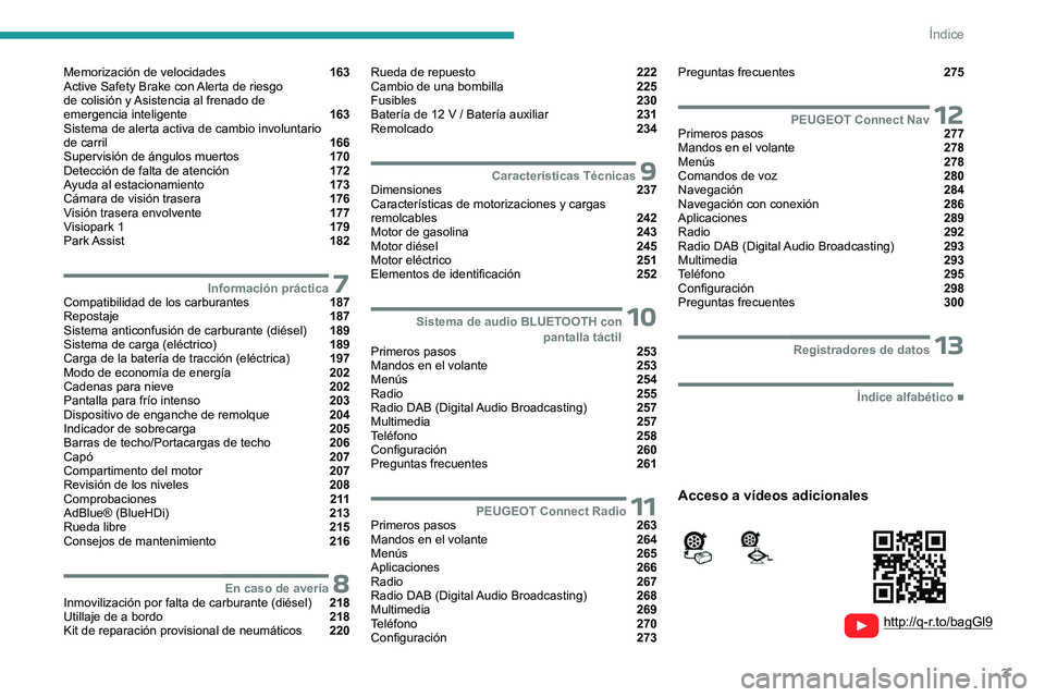 PEUGEOT PARTNER 2022  Manual del propietario (in Spanish) 3
Índice
  
  
 
 
 
 
Memorización de velocidades  163
Active Safety Brake con Alerta de riesgo 
de colisión y Asistencia al frenado de 
emergencia inteligente 
 163
Sistema de alerta activa de ca