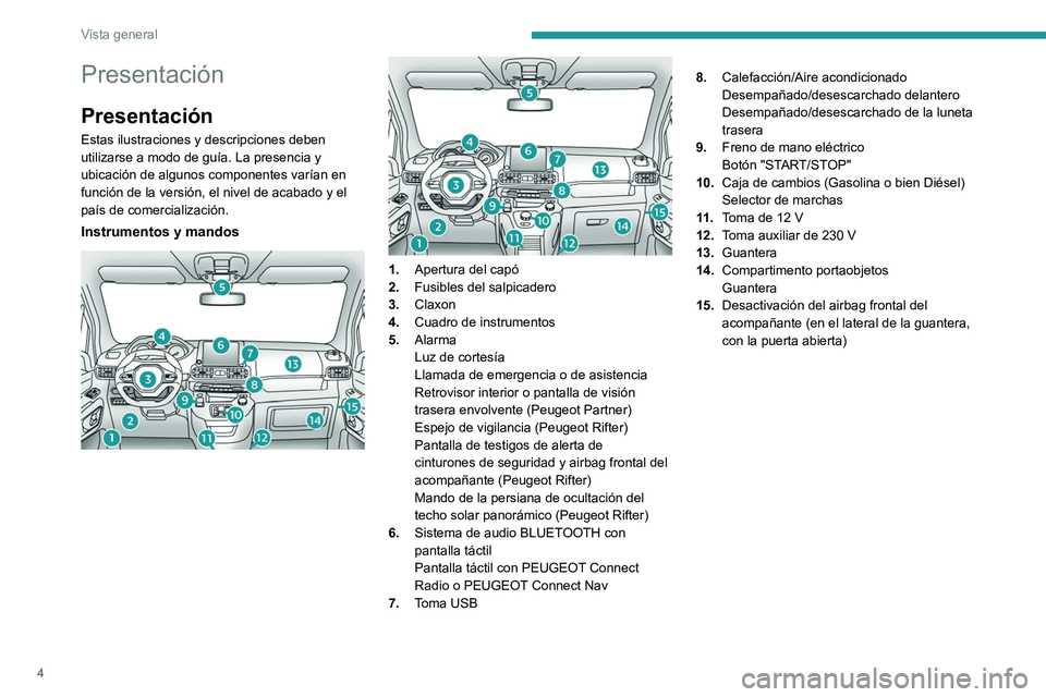 PEUGEOT PARTNER 2022  Manual del propietario (in Spanish) 4
Vista general
Presentación
Presentación
Estas ilustraciones y descripciones deben 
utilizarse a modo de guía. La presencia y 
ubicación de algunos componentes varían en 
función de la versión