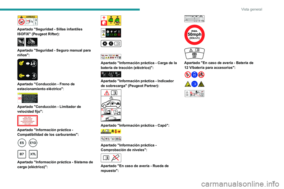 PEUGEOT PARTNER 2022  Manual del propietario (in Spanish) 7
Vista general
 
Apartado "Seguridad - Sillas infantiles 
ISOFIX" (Peugeot Rifter):
 
i-SizeTOP TETHER 
Apartado "Seguridad - Seguro manual para 
niños":
 
 
Apartado "Conducció
