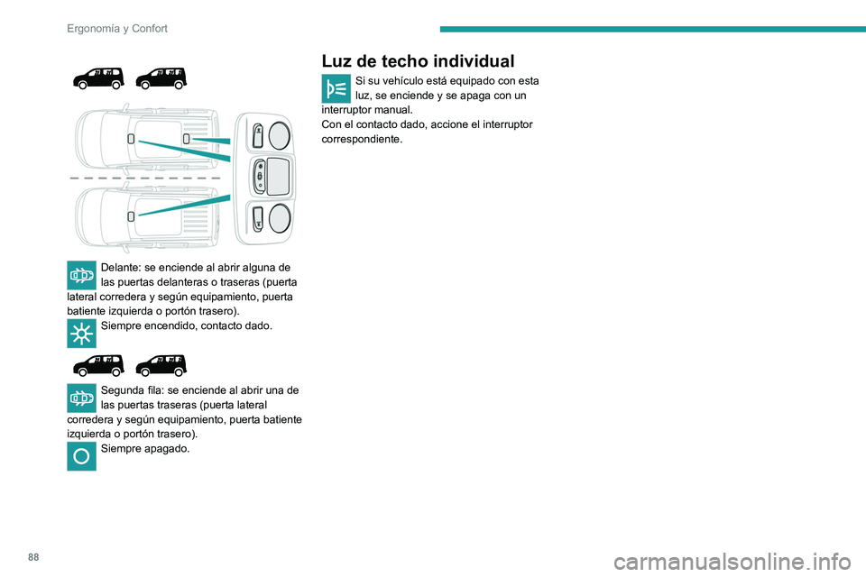 PEUGEOT PARTNER 2022  Manual del propietario (in Spanish) 88
Ergonomía y Confort
 
 
 
 
Delante: se enciende al abrir alguna de 
las puertas delanteras o traseras (puerta 
lateral corredera y según equipamiento, puerta 
batiente izquierda o portón traser