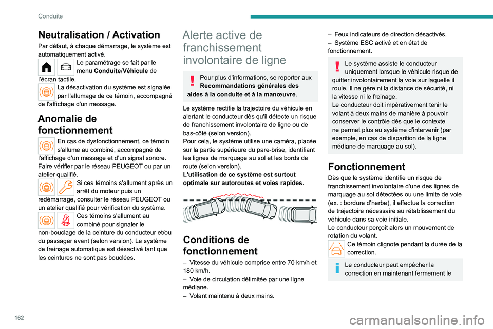 PEUGEOT PARTNER 2022 Manuel du propriétaire (in French) 162
Conduite
Neutralisation / Activation
Par défaut, à chaque démarrage, le système est
automatiquement activé.
Le paramétrage se fait par le
menu Conduite/Véhicule de
l’écran tactile.
La PEUGEOT PARTNER 2022 Manuel du propriétaire (in French) 162
Conduite
Neutralisation / Activation
Par défaut, à chaque démarrage, le système est
automatiquement activé.
Le paramétrage se fait par le
menu Conduite/Véhicule de
l’écran tactile.
La