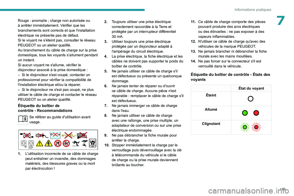 PEUGEOT PARTNER 2022  Manuel du propriétaire (in French) 189
Informations pratiques
7Rouge : anomalie ; charge non autorisée ou 
à arrêter immédiatement. Vérifier que les 
branchements sont corrects et que l'installation 
électrique ne présente p