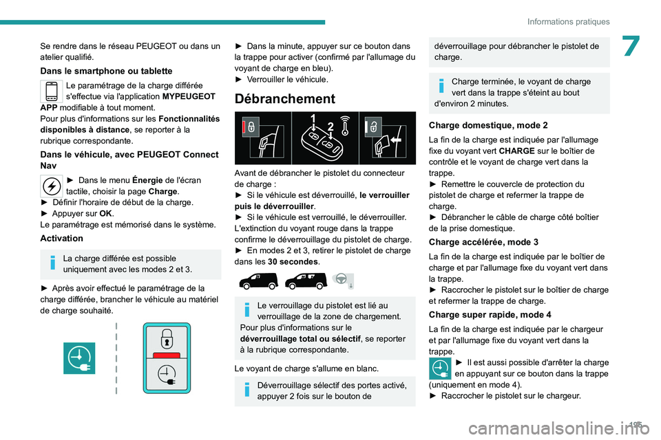 PEUGEOT PARTNER 2022  Manuel du propriétaire (in French) 195
Informations pratiques
7Se rendre dans le réseau PEUGEOT ou dans un 
atelier qualifié.
Dans le smartphone ou tablette
Le paramétrage de la charge différée 
s'effectue via l'applicatio