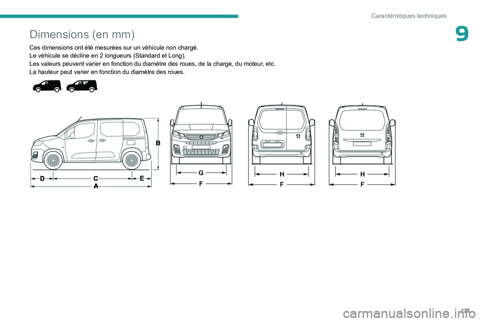 PEUGEOT PARTNER 2022 Manuel du propriétaire (in French) 231
Caractéristiques techniques
9Dimensions (en mm)
Ces dimensions ont été mesurées sur un véhicule non chargé\
.
Le véhicule se décline en 2 longueurs (Standard et Long).
Les valeurs peuvent PEUGEOT PARTNER 2022 Manuel du propriétaire (in French) 231
Caractéristiques techniques
9Dimensions (en mm)
Ces dimensions ont été mesurées sur un véhicule non chargé\
.
Le véhicule se décline en 2 longueurs (Standard et Long).
Les valeurs peuvent