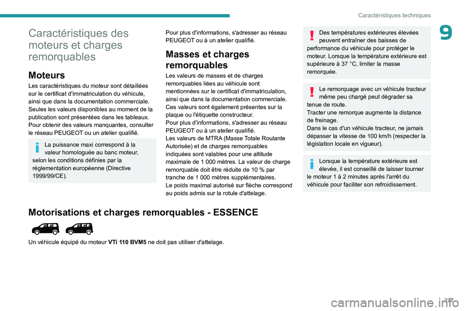 PEUGEOT PARTNER 2022 Manuel du propriétaire (in French) 237
Caractéristiques techniques
9Caractéristiques des
moteurs et charges
remorquables
Moteurs
Les caractéristiques du moteur sont détaillées
sur le certificat d'immatriculation du véhicul PEUGEOT PARTNER 2022 Manuel du propriétaire (in French) 237
Caractéristiques techniques
9Caractéristiques des
moteurs et charges
remorquables
Moteurs
Les caractéristiques du moteur sont détaillées
sur le certificat d'immatriculation du véhicul