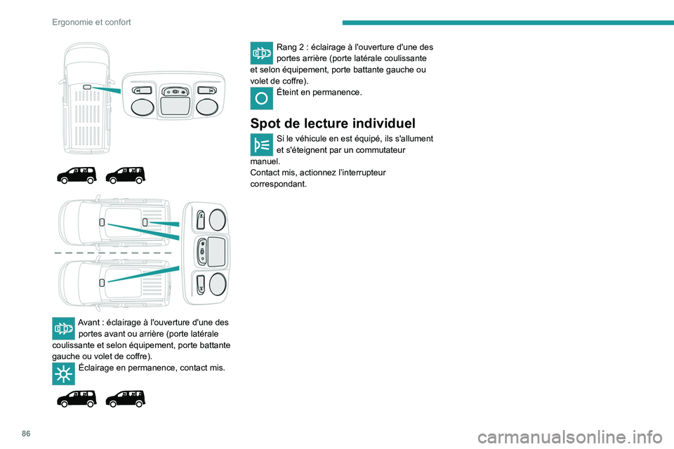 PEUGEOT PARTNER 2022 Manuel du propriétaire (in French) 86
Ergonomie et confort
Avant : éclairage à l'ouverture d'une des
portes avant ou arrière (porte latérale
coulissante et selon équipement, porte battante
gauche ou volet de c PEUGEOT PARTNER 2022 Manuel du propriétaire (in French) 86
Ergonomie et confort
Avant : éclairage à l'ouverture d'une des
portes avant ou arrière (porte latérale
coulissante et selon équipement, porte battante
gauche ou volet de c