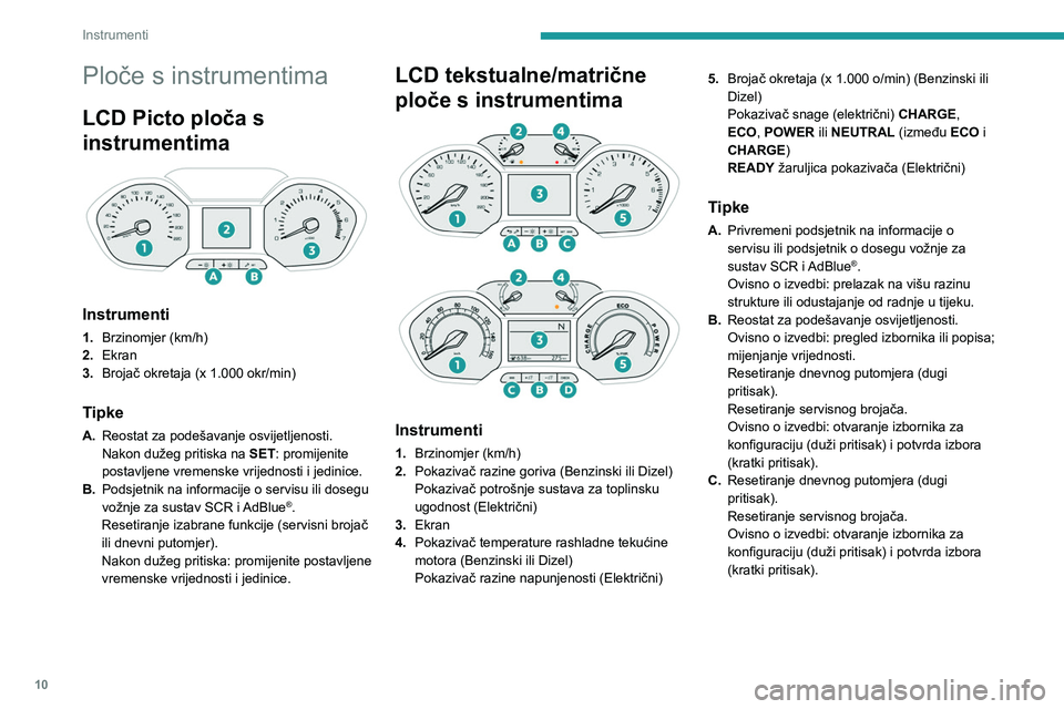 PEUGEOT PARTNER 2022 Upute Za Rukovanje (in Croatian) 10
Instrumenti
Ploče s instrumentima
LCD Picto ploča s
instrumentima
Instrumenti
1.Brzinomjer (km/h)
2. Ekran
3. Brojač okretaja (x 1.000 okr/min)
Tipke
A.Reostat za podešavanje osvijetljenos PEUGEOT PARTNER 2022 Upute Za Rukovanje (in Croatian) 10
Instrumenti
Ploče s instrumentima
LCD Picto ploča s
instrumentima
Instrumenti
1.Brzinomjer (km/h)
2. Ekran
3. Brojač okretaja (x 1.000 okr/min)
Tipke
A.Reostat za podešavanje osvijetljenos