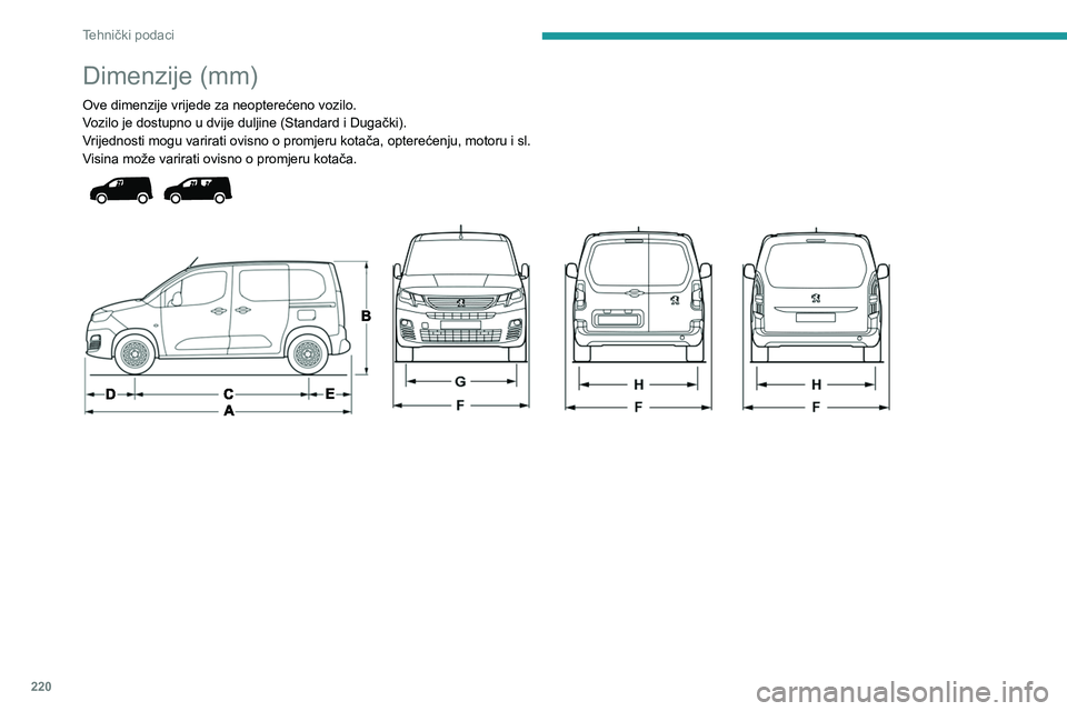 PEUGEOT PARTNER 2022  Upute Za Rukovanje (in Croatian) 220
Tehnički podaci
Dimenzije (mm)
Ove dimenzije vrijede za neopterećeno vozilo.
Vozilo je dostupno u dvije duljine (Standard  i   Dugački).
Vrijednosti mogu varirati ovisno o promjeru kotača, opt