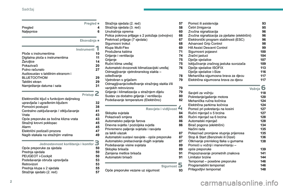 PEUGEOT PARTNER 2022  Upute Za Rukovanje (in Croatian) 2
Sadržaj
  ■
PregledPregled  4
Naljepnice  6
  ■
Ekovožnja
 1InstrumentiPloče s instrumentima  10
Digitalna ploča s instrumentima  11
Žaruljice  14
Pokazivači  20
Putno računalo  27
