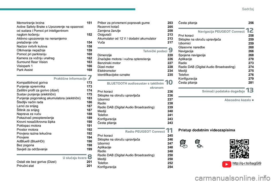 PEUGEOT PARTNER 2022  Upute Za Rukovanje (in Croatian) 3
Sadržaj
  
  
 
 
 
 
Memoriranje brzina  151
Active Safety Brake s
 
Upozorenje na opasnost   
od sudara i Pomoć pri inteligentnom   
naglom kočenju 
 152
Aktivno upozorenje na nenamjerno   
pre