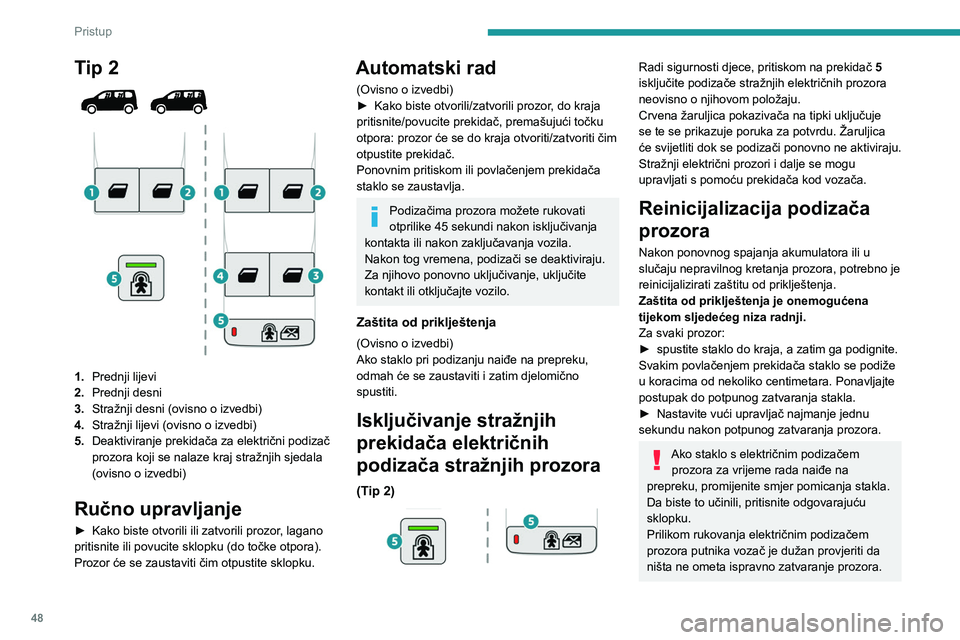 PEUGEOT PARTNER 2022 Upute Za Rukovanje (in Croatian) 48
Pristup
Tip 2
1.Prednji lijevi
2. Prednji desni
3. Stražnji desni (ovisno o izvedbi)
4. Stražnji lijevi (ovisno o izvedbi)
5. Deaktiviranje prekidača za električni podizač
prozora koji se PEUGEOT PARTNER 2022 Upute Za Rukovanje (in Croatian) 48
Pristup
Tip 2
1.Prednji lijevi
2. Prednji desni
3. Stražnji desni (ovisno o izvedbi)
4. Stražnji lijevi (ovisno o izvedbi)
5. Deaktiviranje prekidača za električni podizač
prozora koji se