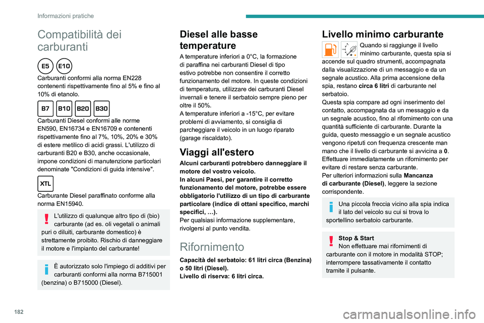 PEUGEOT PARTNER 2022 Manuale duso (in Italian) 182
Informazioni pratiche
Compatibilità dei
carburanti
Carburanti conformi alla norma EN228
contenenti rispettivamente fino al 5% e fino al
10% di etanolo.
Carburanti Diesel conformi alle no PEUGEOT PARTNER 2022 Manuale duso (in Italian) 182
Informazioni pratiche
Compatibilità dei
carburanti
Carburanti conformi alla norma EN228
contenenti rispettivamente fino al 5% e fino al
10% di etanolo.
Carburanti Diesel conformi alle no